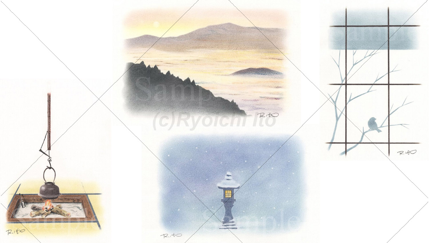 2008年版の年賀素材に描いたイラストで、左から「囲炉裏(15cm×22cm)」、「夜明けの霧(22cm×15cm)」、「石灯籠(22cm×15cm)」、「障子に雀(22cm×15cm) 」を手描きイラストの色鉛筆画で描きました。