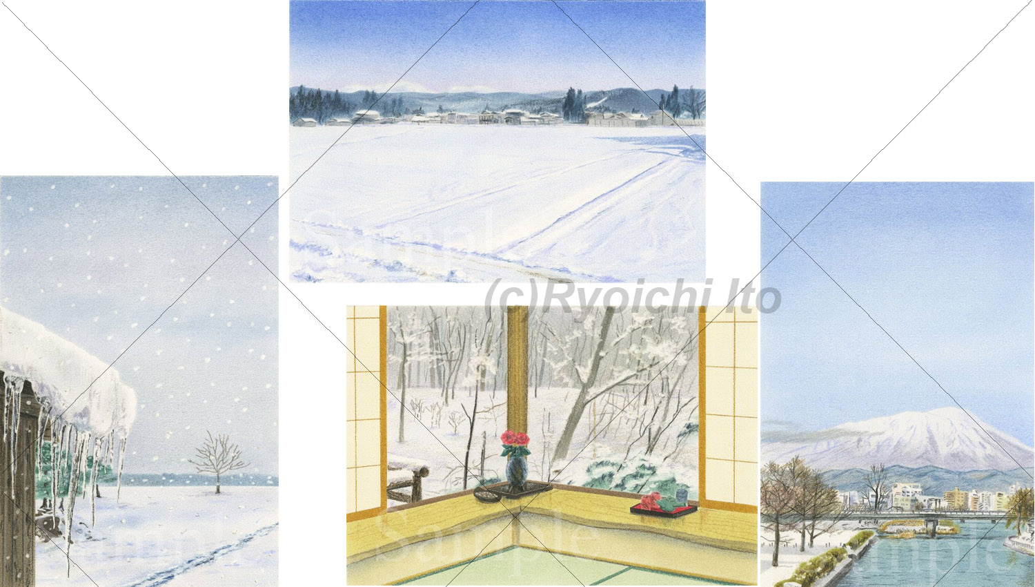 2012年版の年賀素材に描いたイラストで、左から「雪の花巻(22cm×15cm)」、「東北本線で花巻から盛岡へ(22cm×15cm)元旦の新花巻の宿(22cm×15cm)」、「盛岡市内から岩手山を望む(22cm×15cm) 」を手描きイラストの色鉛筆画で描きました。