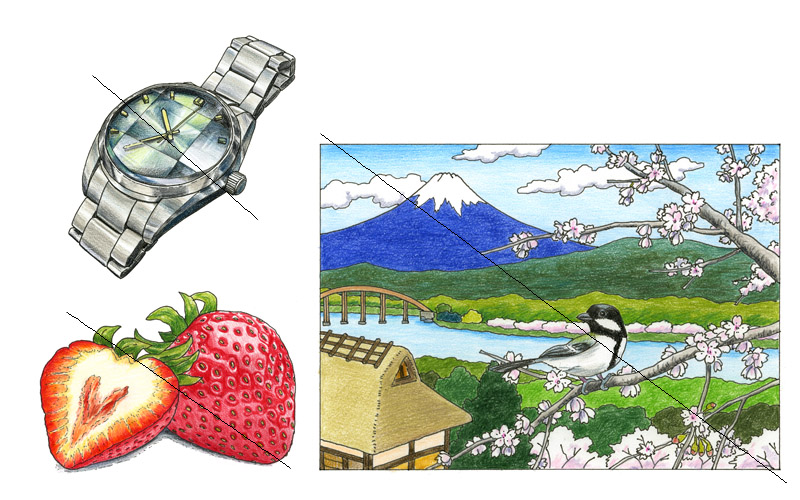 NHK Eテレテキスト「きょうの健康」2023年4月号（NHK出版）　やさしい色鉛筆ぬり絵《ペン＋色鉛筆》　懐かしいカットガラスの腕時計、イチゴ、春の情景（シジュウカラと桜）