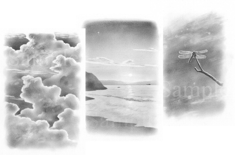 雲海、夕暮れの湾、赤とんぼ《鉛筆》(各15.4cm×22.5cm)　竹内紘子著「お遍路ウォーク」（くもん出版）　鉛筆