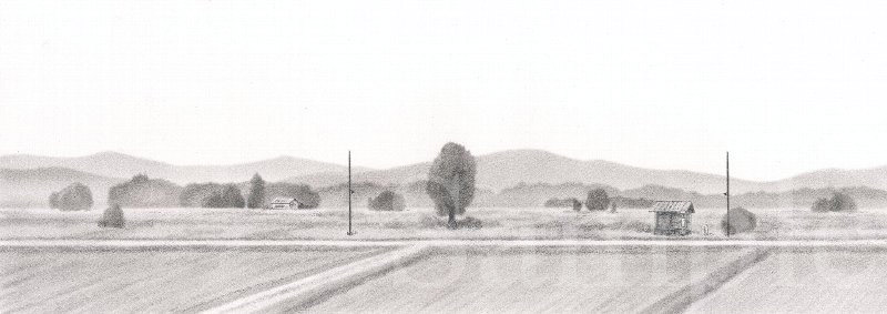 目次ページ用イラスト《鉛筆》(46cm×16.5cm)　架空の風景ですが、四国のお遍路の途中にありそうなシンプルな風景を創作　竹内紘子著「お遍路ウォーク」（くもん出版）　鉛筆