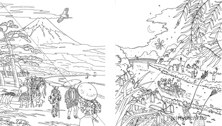 ふじの山《ペン　塗り絵用の線画》（21.6cm×25.6cm） 文部省唱歌「ふじの山」をイメージ。『あたまを雲の上に出し　四方の山を見おろして　かみなりさまを下に聞く　富士は日本一の山』／ほたるこい《ペン　塗り絵用の線画》（21.6cm×25.6cm）文部省唱歌「ほたるこい」をイメージ。『ほうほうほたる来い　あっちのみずはにがいぞ　こっちのみずはあまいぞ　ほうほうほたるこい』