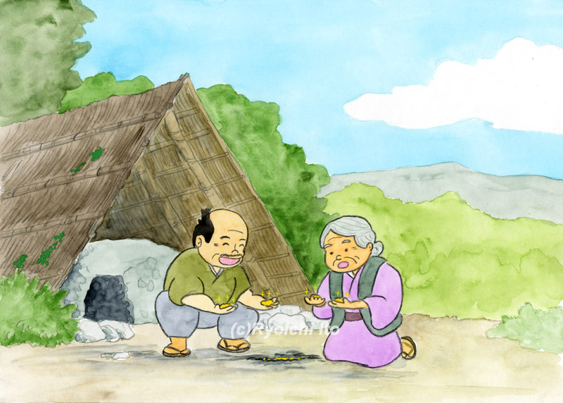 「日本の昔話15　牛のみちびき」　金野博　牛が連れて行ったおじさんの炭焼き小屋の周りを掘ると金が埋まっていた。　イラスト　水彩　月刊新世