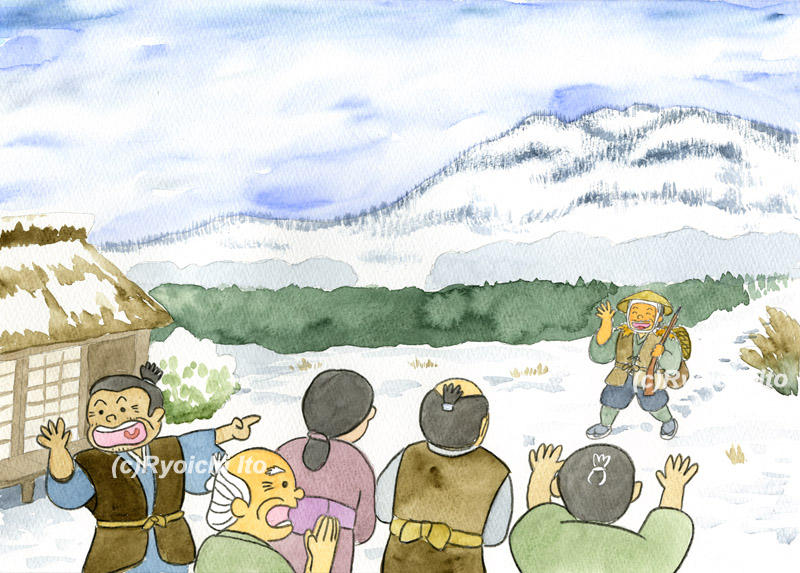 「日本の昔話16　熊のお世話」　金野博　雪山で遭難して死んだと思った猟師が元気で戻ってきて驚く村の人たち。　イラスト　水彩　月刊新世
