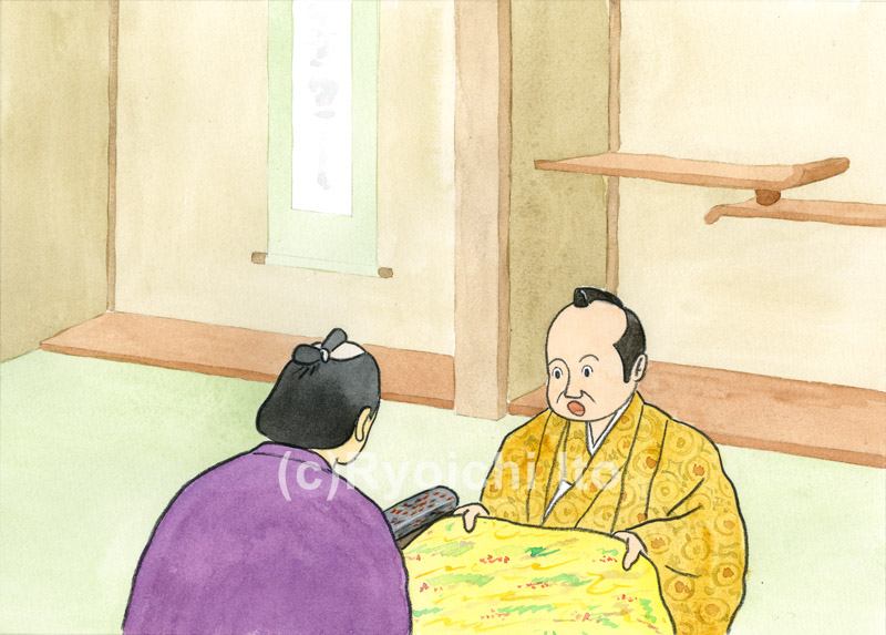 「日本の昔話８　機を織る娘（後編）」　金野博　自分の領民が織ったという見事な織物に驚くお殿様。　イラスト　水彩　月刊新世