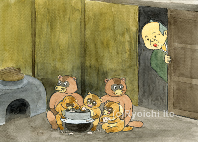 「日本の昔話９　長者とたぬきの親子」　金野博　夜の台所へ行くと親子の狸が小豆飯に群がっていた。長者様は見守ることに。　イラスト　水彩　月刊新世