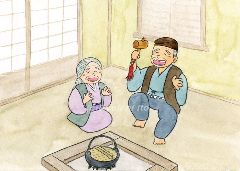 「日本の昔話１１　うさぎのおもてなし」　金野博　ウサギにもらった「何でも願いの叶う」小槌を振る爺さん。「お婆さんよ、若くなあれ」「お􄽆さんよ、若くなあれ」　イラスト　水彩　月刊新世
