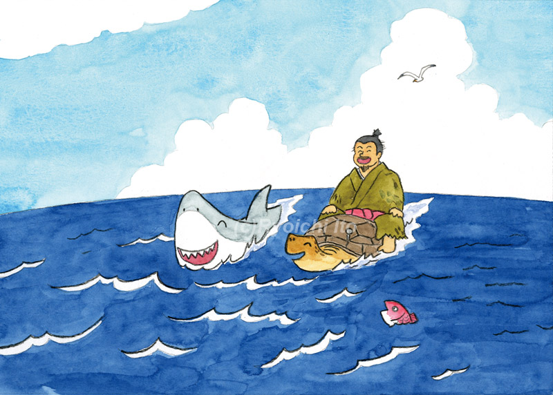 「日本の昔話１3　海がめのお迎え」　金野博　海を望む村の若い役人が海辺へ行くと、漁師が大きな海がめを踏みつけていた。　イラスト　水彩　月刊新世