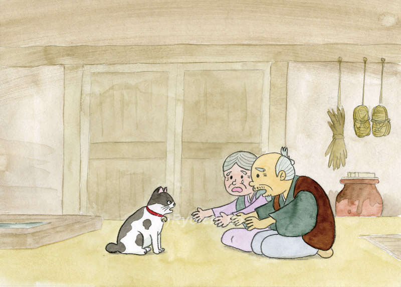 「日本の昔話１4　猫のお迎え」　金野博　子猫の時に拾われた「ぶち」。老いた爺さん婆さんにこれ以上世話になるわけにはいかないと、丁寧にお礼を言って出て行く。　イラスト　水彩　月刊新世