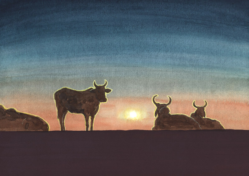 パンジャラポール　イラスト　透明水彩　朝目を覚ますと、朝日に照らされ動物たちがみな光って見えた