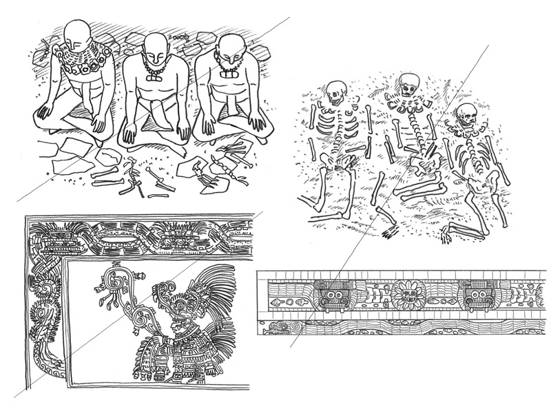 左：生贄墓から発見された三人の貴族男性、ケツァルコアトルの壁画・右：「羽毛の生えた蛇神殿」内部で発見された生贄、「羽毛の生えた蛇神殿」のタブレロ《いずれも鉛筆画》