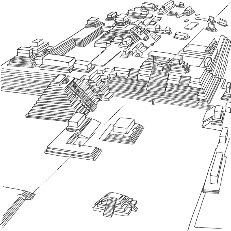 テオティワカンと交流のあったコパン都市中心部の復元図《鉛筆画》復元模型から再構成。