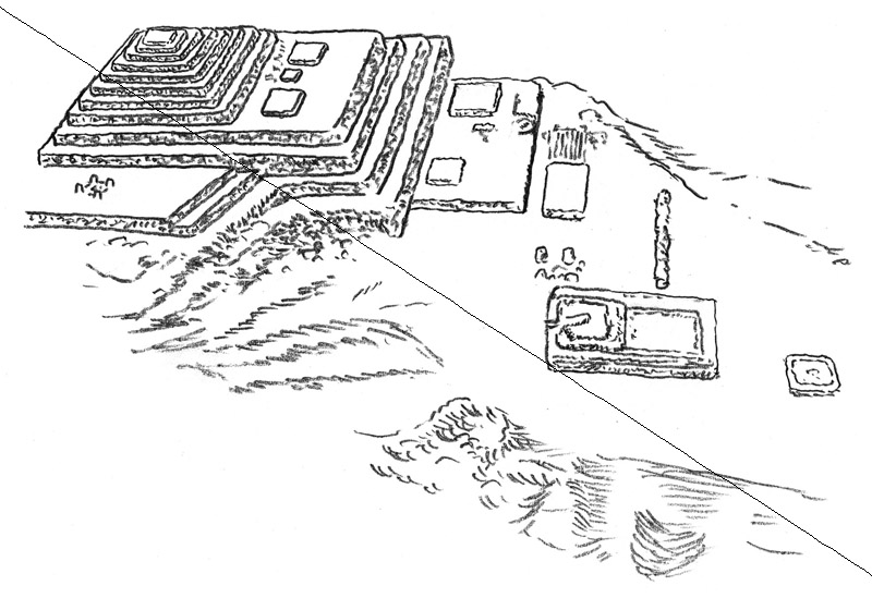 ジャワ島西部の山中に築かれたレバッ・チベドゥの全景復元図《鉛筆画》