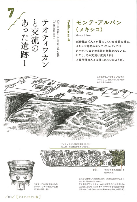 上：モンテ・アルバンで儀式の時に使われていたらしい場所・下：モンテ・アルバンで出土したテオティワカン様式の土器、モンテ・アルバン南から発見された石碑《いずれも鉛筆画》