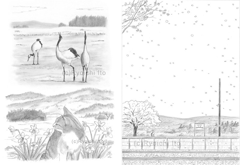 鉛筆画　イラスト　いとう良一　雪の中の丹頂鶴／春の香りの里山とネコ・田舎の駅の春