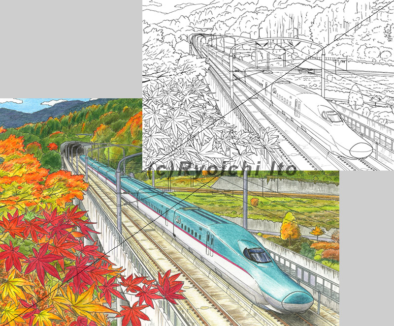 新幹線はやぶさと紅葉（20cm×29.7cm）《ペン＋透明水彩》