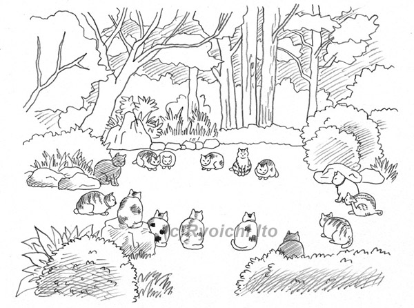 「玉電松原物語」第７章。世田谷区松原の西福寺での深夜の猫の集会に出会う。《鉛筆》
