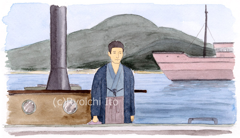 小学校5年　道徳教科書　正岡子規　二日後三津浜から船で旅立つ子規　イラスト