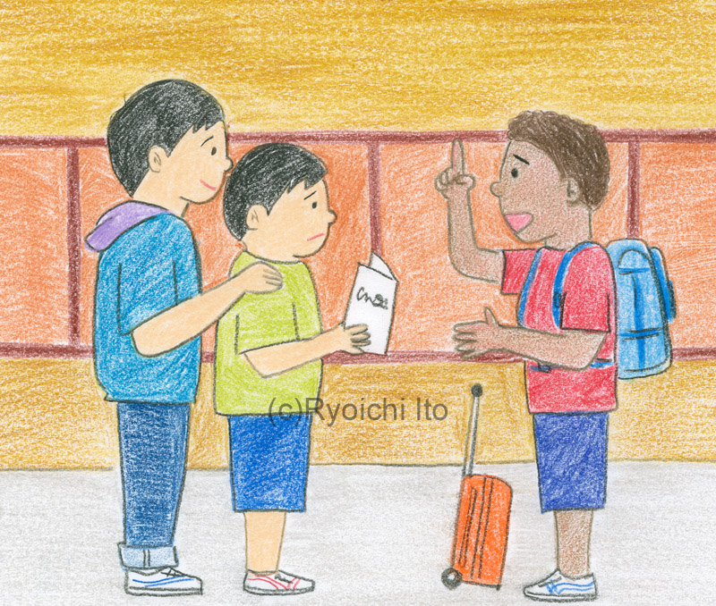 小学校2年　道徳教科書　「小学どうとく　生きる力」　タヒチからの友だち　色鉛筆　イラスト