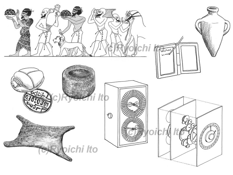 「図説 世界の水中遺跡」グラフィック社刊・小野林太郎/木村淳編著　ペン画イラスト　いとう良一　古代エジプトの壁画　インゴット　スカラベ　古代カナン地方の壺　アンテキィセラの復元図