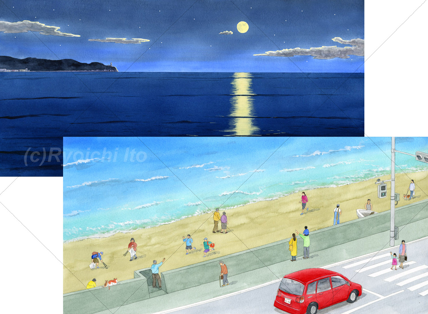お月様が浜辺の波の泡に息を吹きかけると、雲のぼうやが生まれて空にのぼってきました。浜辺では今日も多くの人たちが活動を始めています。 タカシも友達と学校へ行きます。《手描きイラスト：透明水彩》
