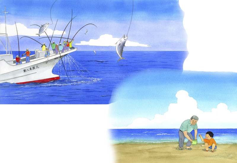 カツオ一本釣りの漁師のおじいちゃんとタカシは小さい頃から仲良しでした。《透明水彩》(23.6cm×48.6cm）