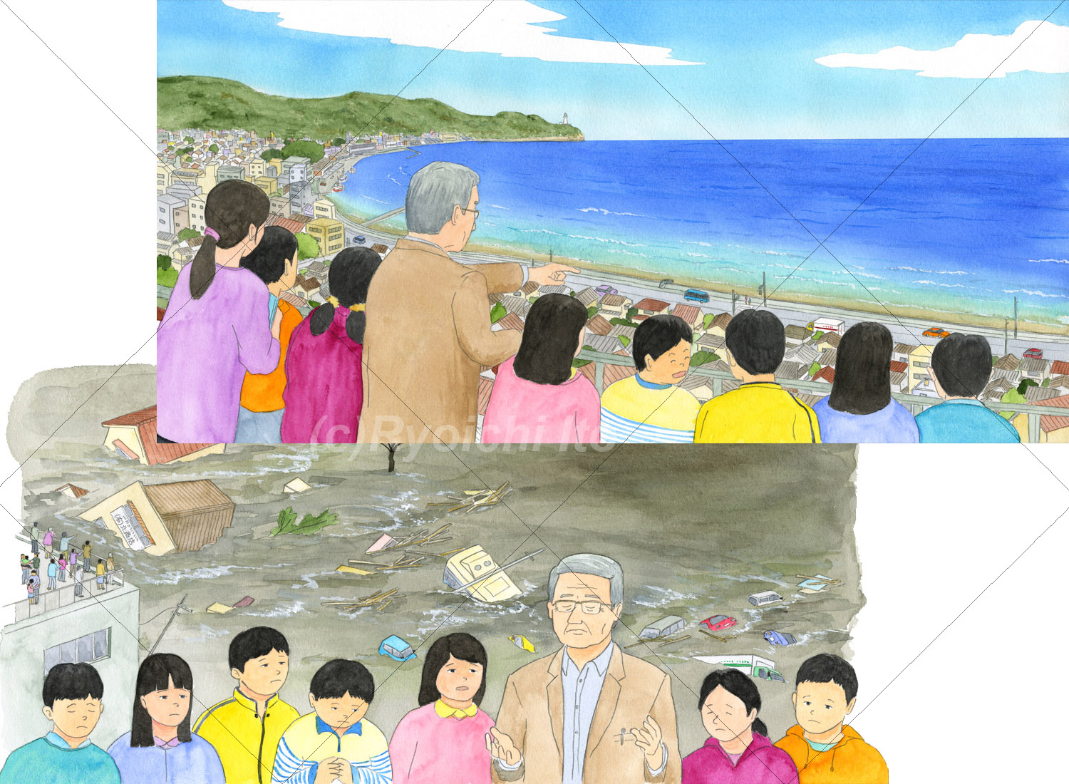 校長先生はよく高台への避難訓練とともに子供たちにお話をしてくれます。校長先生はかつて津波の被害を経験したのです。《手描きイラスト：透明水彩》