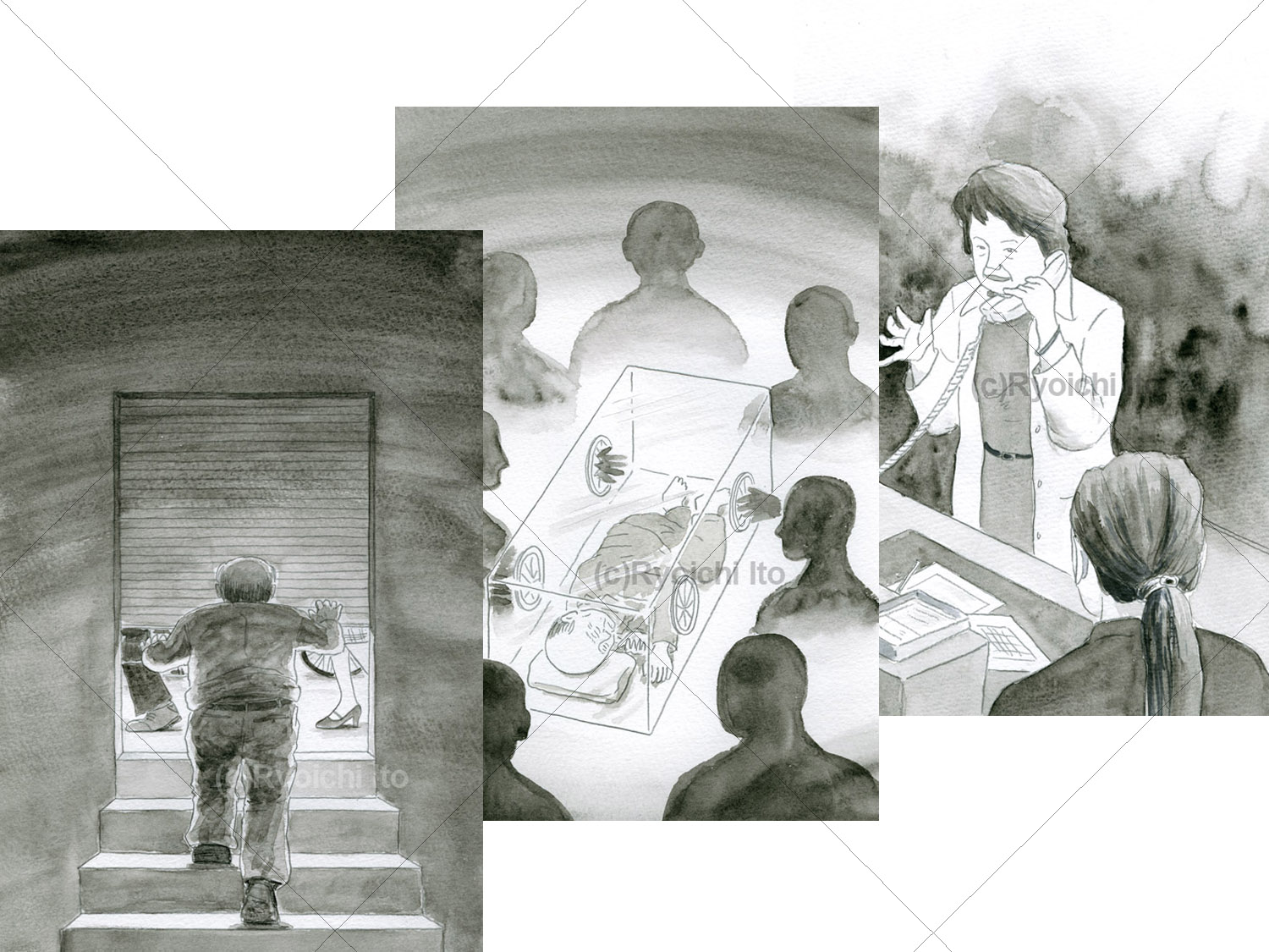 《手描きイラスト：透明水彩》安田衣央著「ある高齢者の豊かな生活」扉イラスト　透明水彩　介護事業　介護という名目の監獄から逃れられない武田老人　財産を吸い取られようとする武田老人　武田老人の姪に病院に来させないように話す新海房子と、冷ややかに見る砂村千草