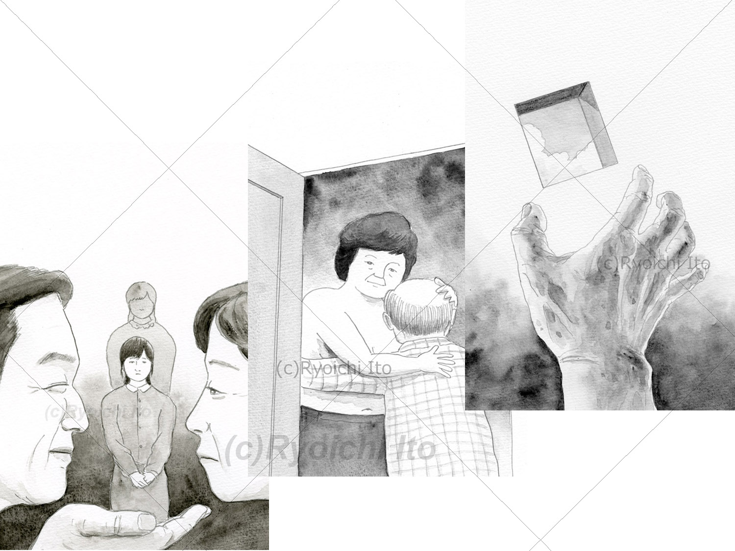 《手描きイラスト：透明水彩》安田衣央著「ある高齢者の豊かな生活」扉イラスト　介護事業　若き日の武田老人宅に気を遣いながら訪問していた少女時代の姪　上半身裸になった房子に抱きつく武田老人　介護事業所「ゆたかなこころ」と房子の手から逃れられない武田老人