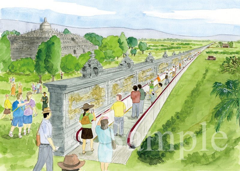 イラスト　透明水彩　実業之日本社刊　『「もしも？」の図鑑～ピラミッドの建て方～』　ボロブドール遺跡