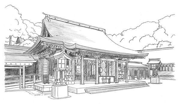 埼玉県さいたま市大宮区の武蔵一宮氷川神社の御朱印のためのイラスト。拝殿《鉛筆》