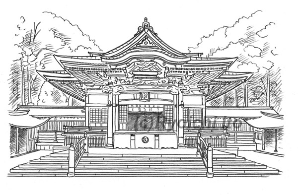 東京都杉並区の井草八幡宮のためのイラスト。拝殿。《鉛筆》