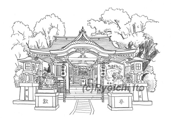 兵庫県尼崎市の杭瀬熊野神社の御朱印のためのイラスト。拝殿《鉛筆》