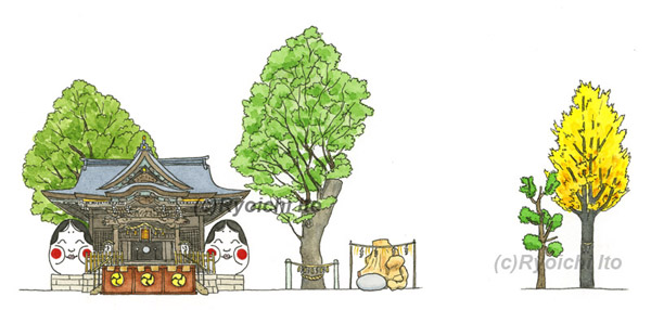 神奈川県川崎市高津区の溝口神社の御朱印のためのイラスト。拝殿《鉛筆》