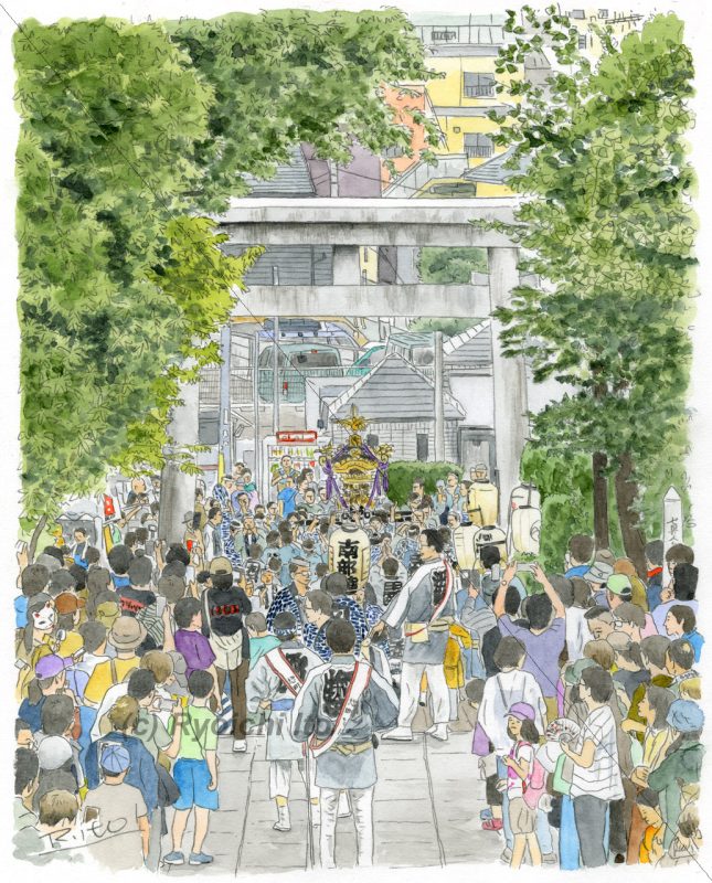 オリジナル水彩画「北沢八幡例大祭宮入り」