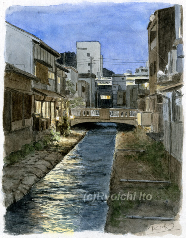 オリジナルの透明水彩画「宇和島の夜2」